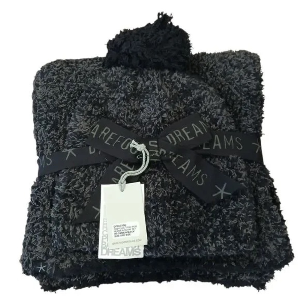 Barefoot Dreams CozyChic Pom Pom Beanie & Scarf Set in Carbon/Black